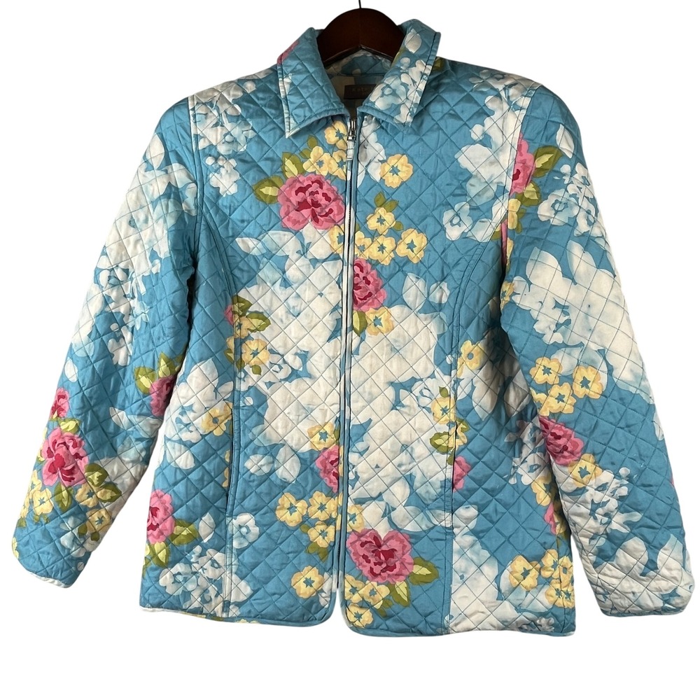 Kate Hill Petite Women Quilted Floral Zip Jacket PM Blue Cottagecore Garden Coat